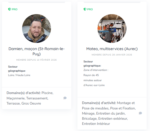 Exemple de profil de deux professionnels sur AS Besoin