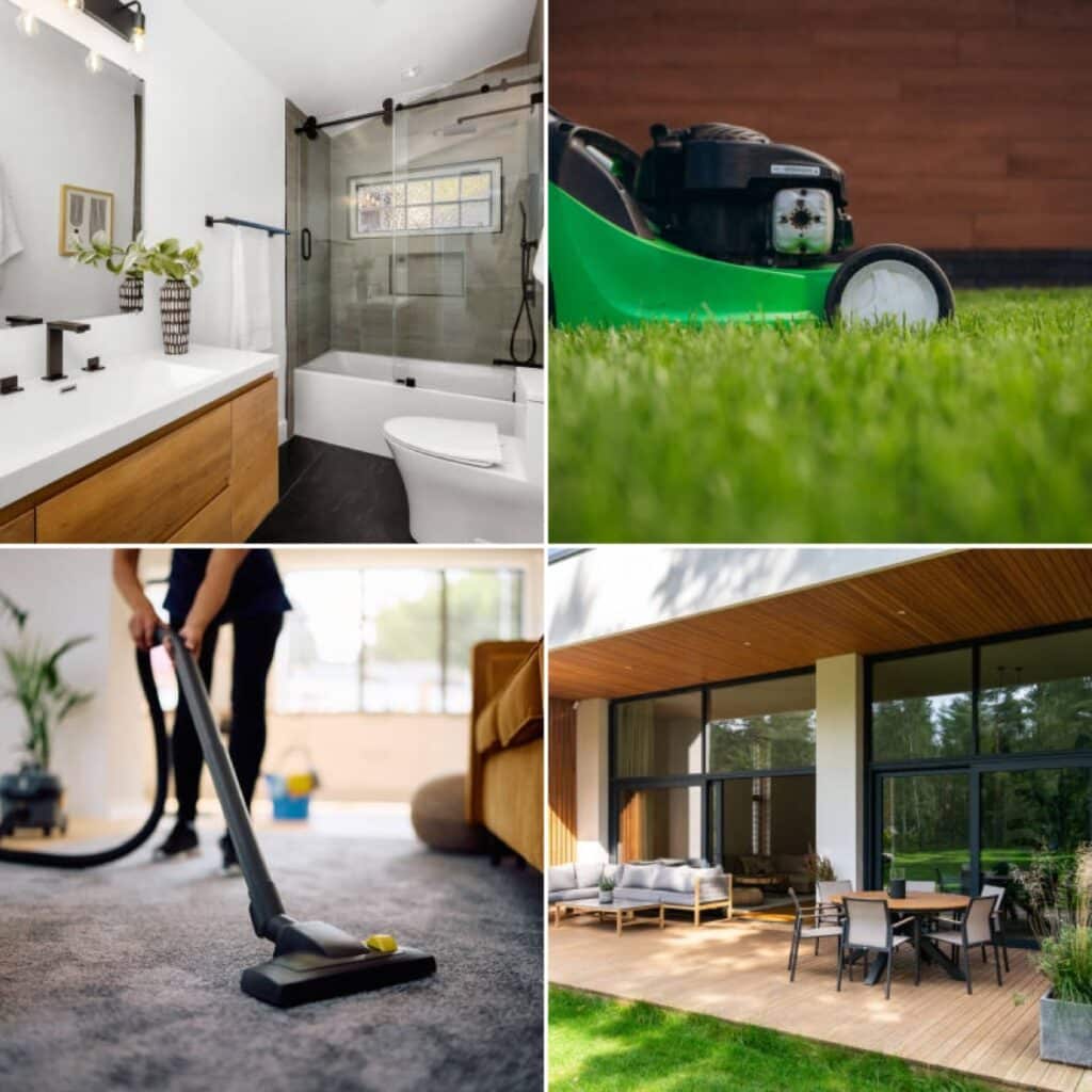 Mix de nos services (rénovation de salle de bain, tonte de pelouse, ménage et création d'une terrasse extérieur) par AS BESOIN