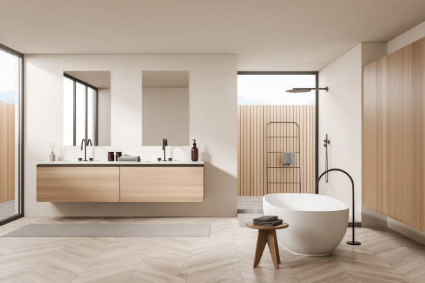 Salle de bain moderne avec panneaux en bois et ambiance naturelle