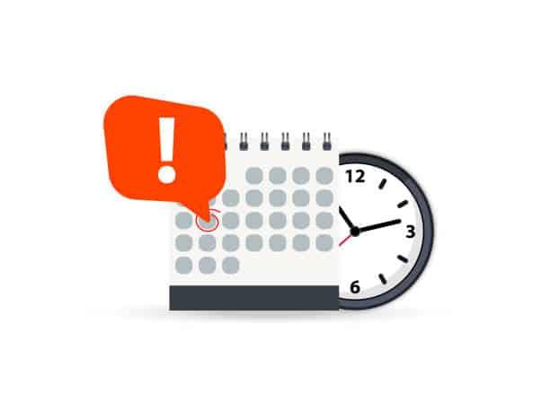 Calendrier avec une date marquée, une notification d'information et une horloge illustrant les délais de travaux de rénovation