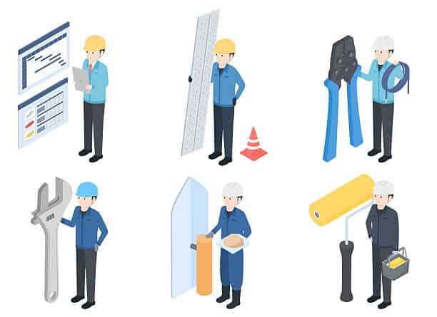 Équipe de professionnels du bâtiment avec casque, outils et matériel représentant différents métiers du chantier