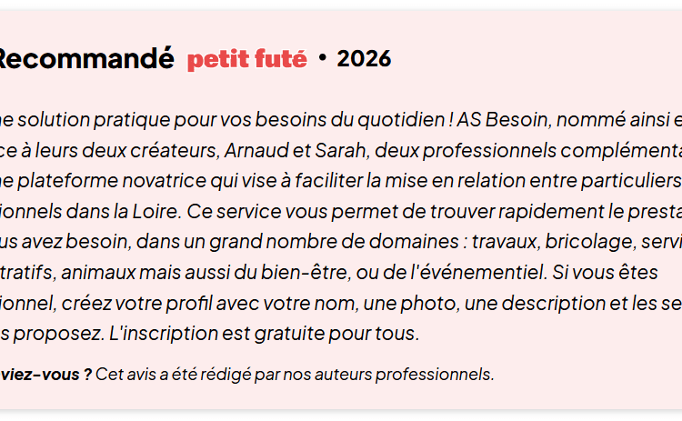 Capture d’écran de l’avis du Petit Futé présentant AS Besoin comme une plateforme de mise en relation entre particuliers et professionnels dans la Loire.