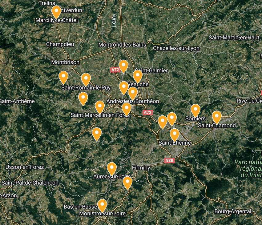 Carte de la Loire indiquant les villes où sont implantés les professionnels du réseau AS Besoin.