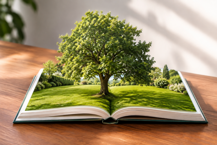 Guide des extérieurs illustré par un jardin avec un grand arbre